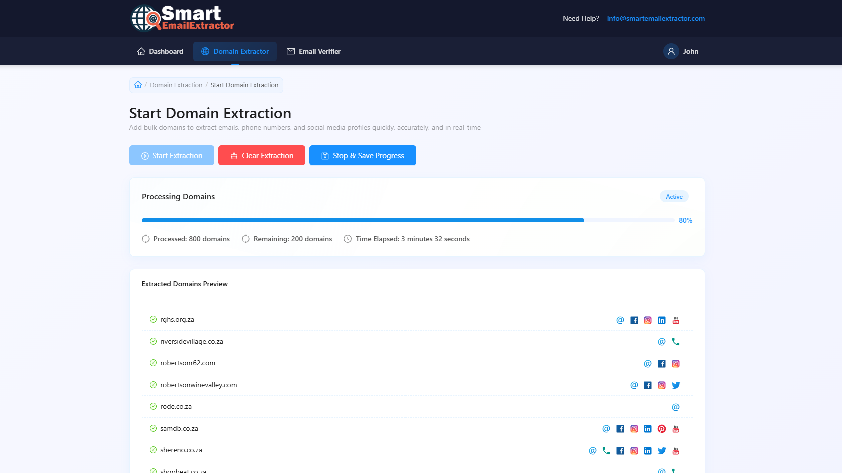 Bulk email extractor screen while domains are being processed